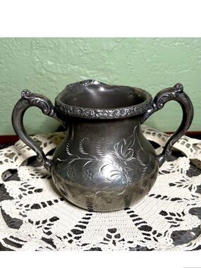 Vintage Silverplate Creamer with Floral Engraving Ornate Handles Antique